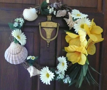 Wreath made by Neil and Ann-Marie Johnson of flowers/shells from the arrangement at Pop's memorial service